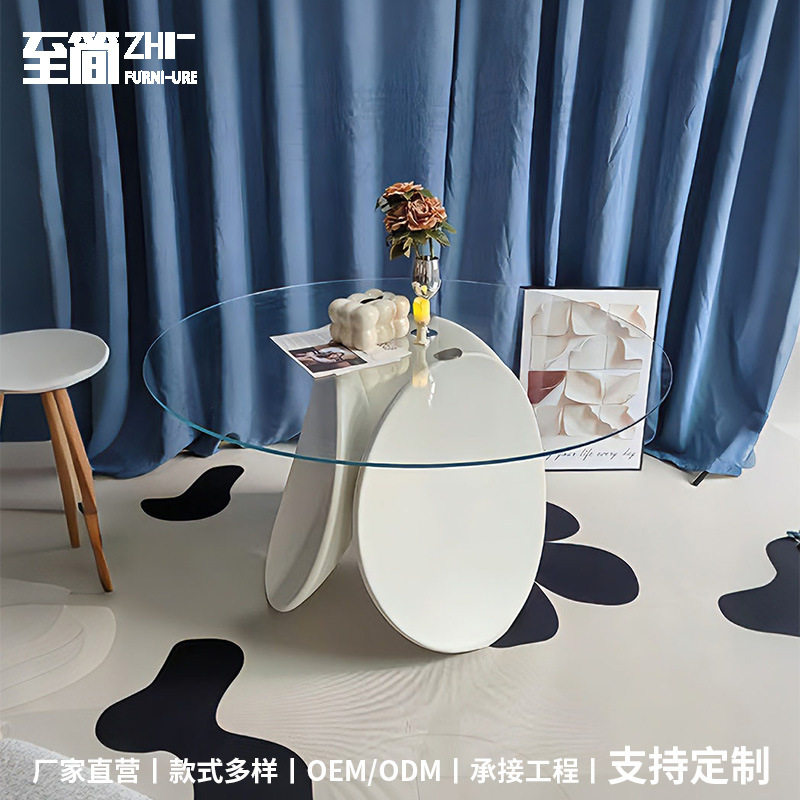 设计师艺术小众花瓣餐桌轻奢餐厅透明钢化玻璃圆桌简约多人洽谈桌