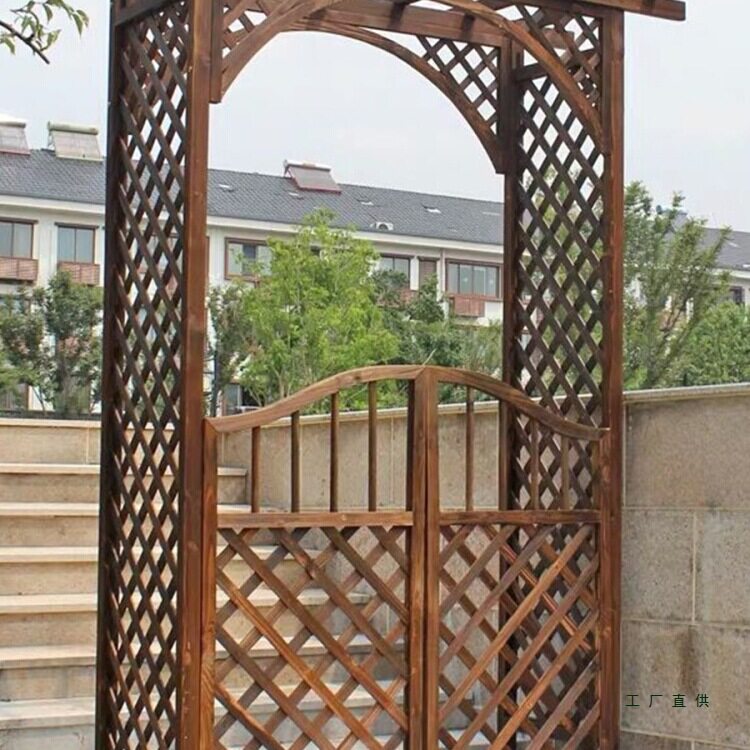 户外庭院装饰防腐木花园门碳化葡萄架半圆网格花架子拱形爬藤拱门图片