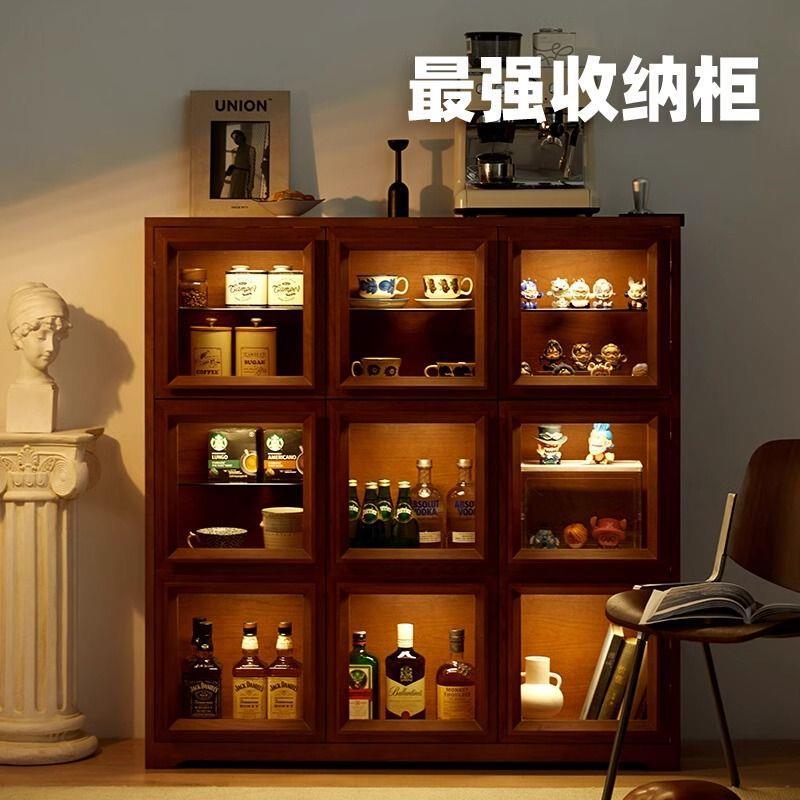 复古樱桃木玻璃门手办展示柜