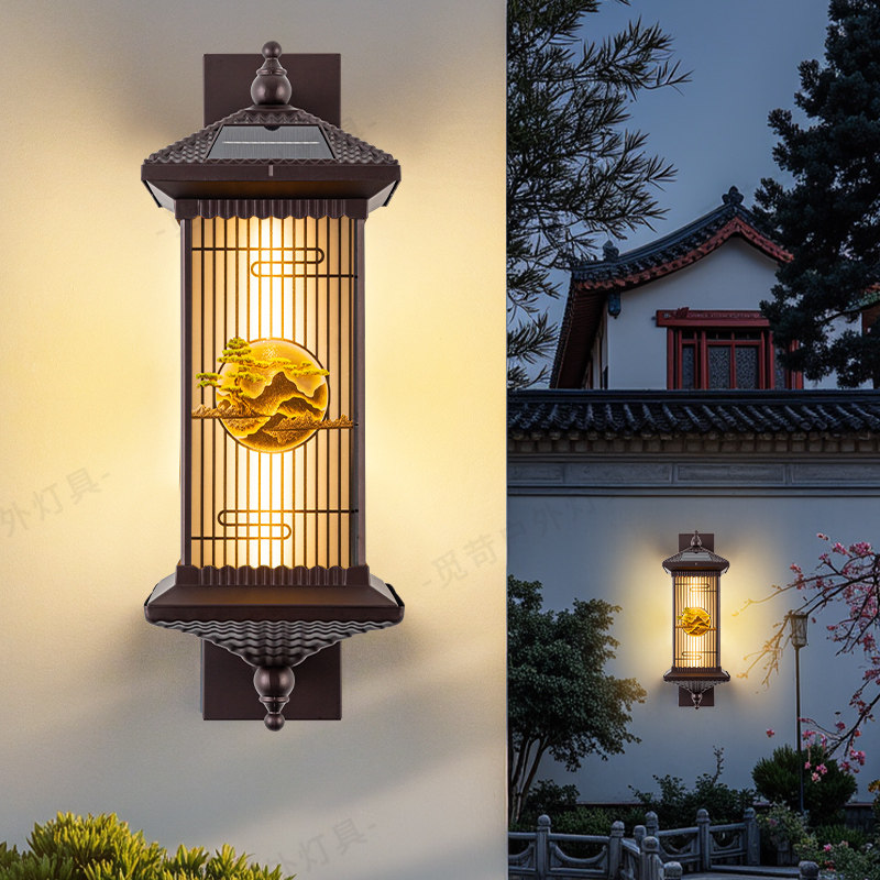 ?户外太阳能壁灯防水别墅庭院大门两侧柱子灯新中式阳台室外墙壁