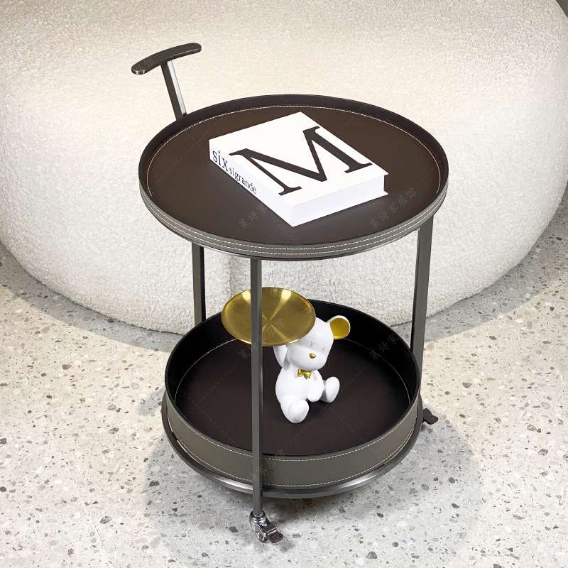 轻奢马鞍皮边几移动沙发茶几角几客厅家用带轮置物架不锈钢小推车