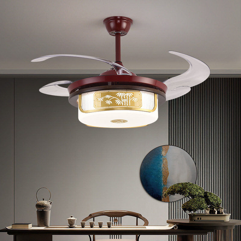 雷新中式风扇灯吊扇灯实木隐形餐厅客厅吊灯吊扇一体带灯古典中士