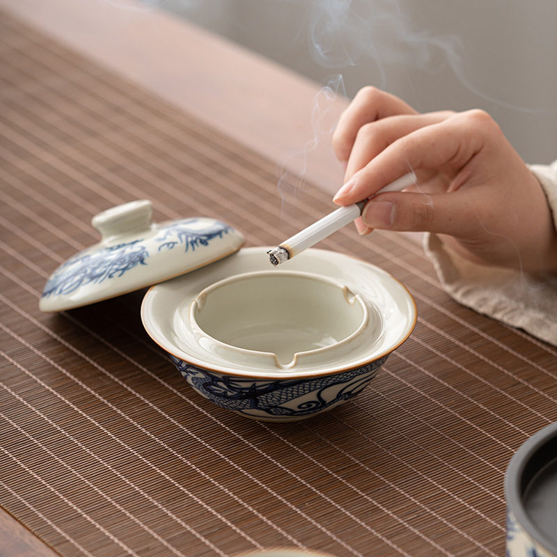 汝窑青花元龙烟灰缸带盖家用客厅高级感个性潮流防飞灰中式烟缸
