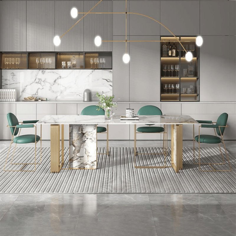 轻奢亮光岩板高端长方形钛金不绣钢餐桌现代简约大小户型家用饭桌