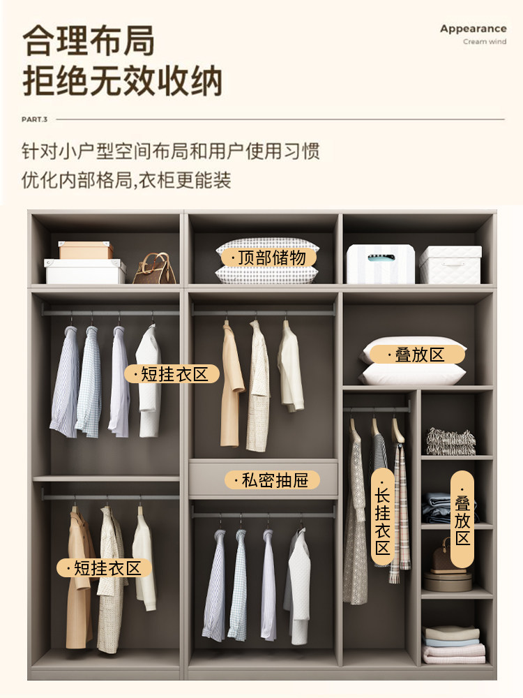 实木衣柜家用卧室新款平开门奶油风储物柜子出租房用收纳衣橱工厂