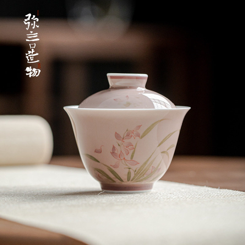 弥言白瓷手绘兰花盖碗茶杯套装纯手工薄胎陶瓷大号功夫泡茶碗单个