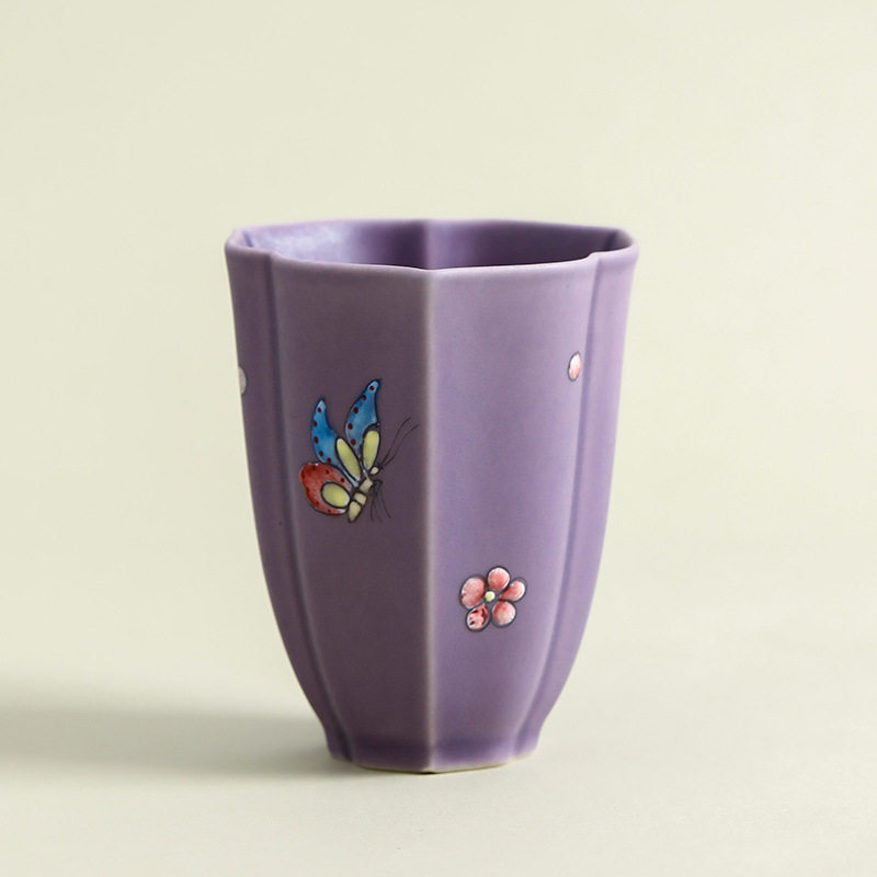手绘蝴蝶花迹茶杯陶瓷茶具女士家用主人杯个人专用茶盏品茗闻香杯