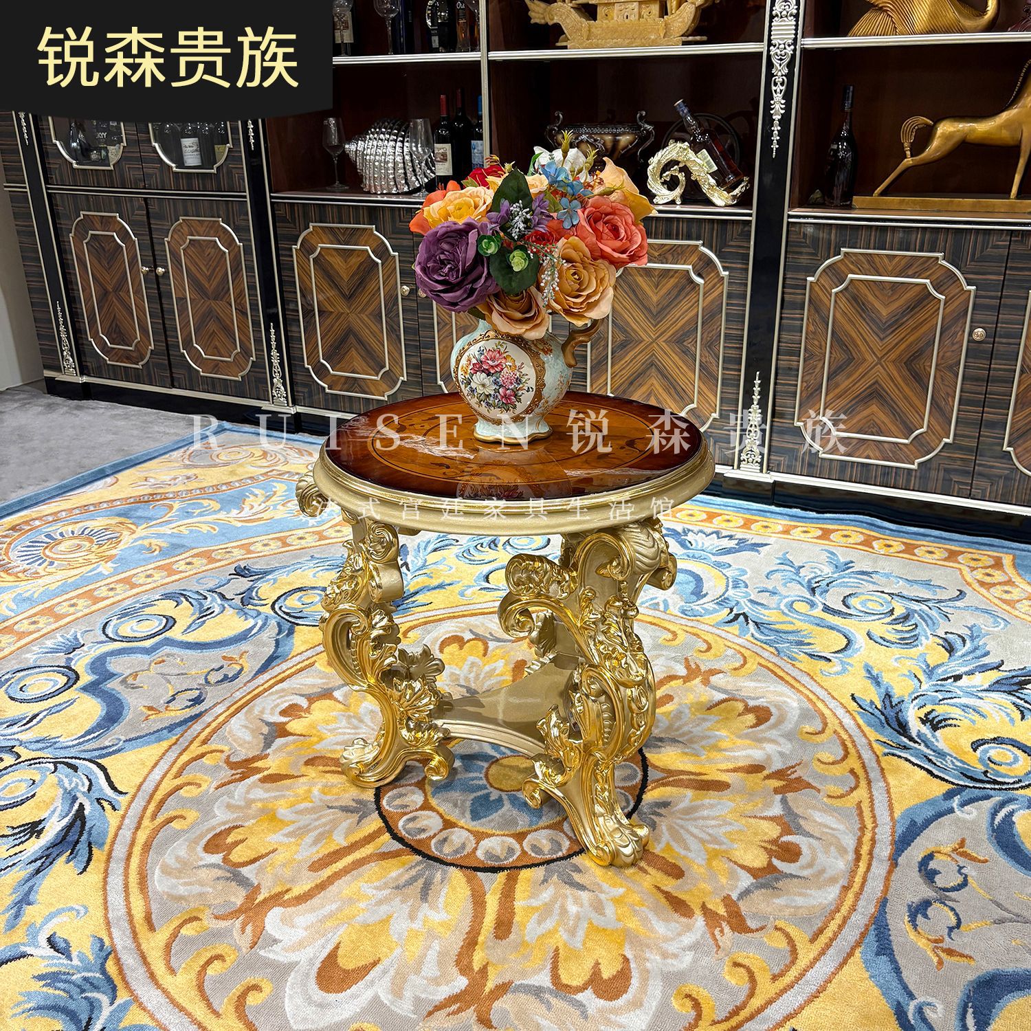 法式实木小茶几 欧式天然木皮小圆几 别墅客厅雕花香槟色小圆桌