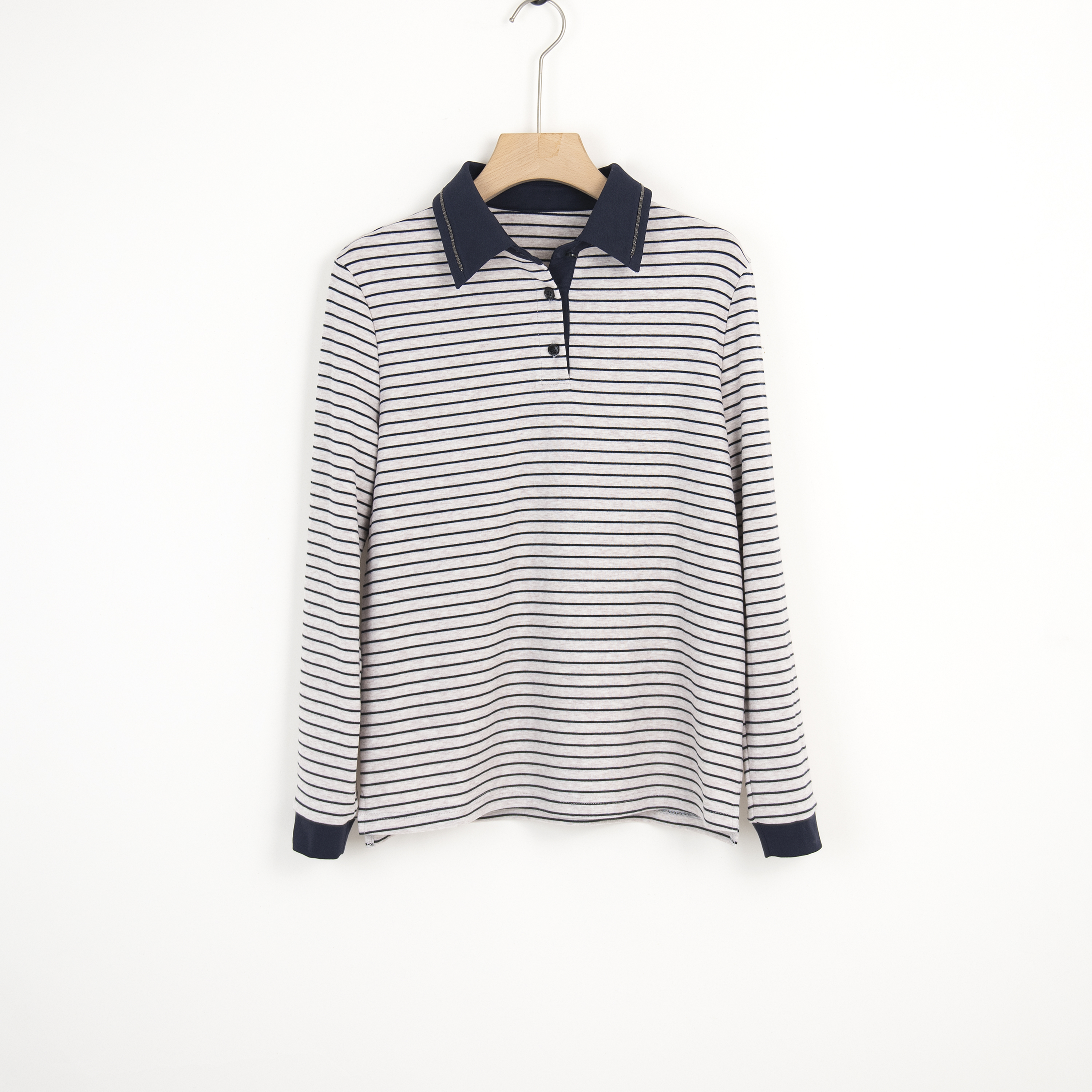 华人杰新款秋冬POLO领长袖条纹t恤宽松时尚休闲质感条纹T恤