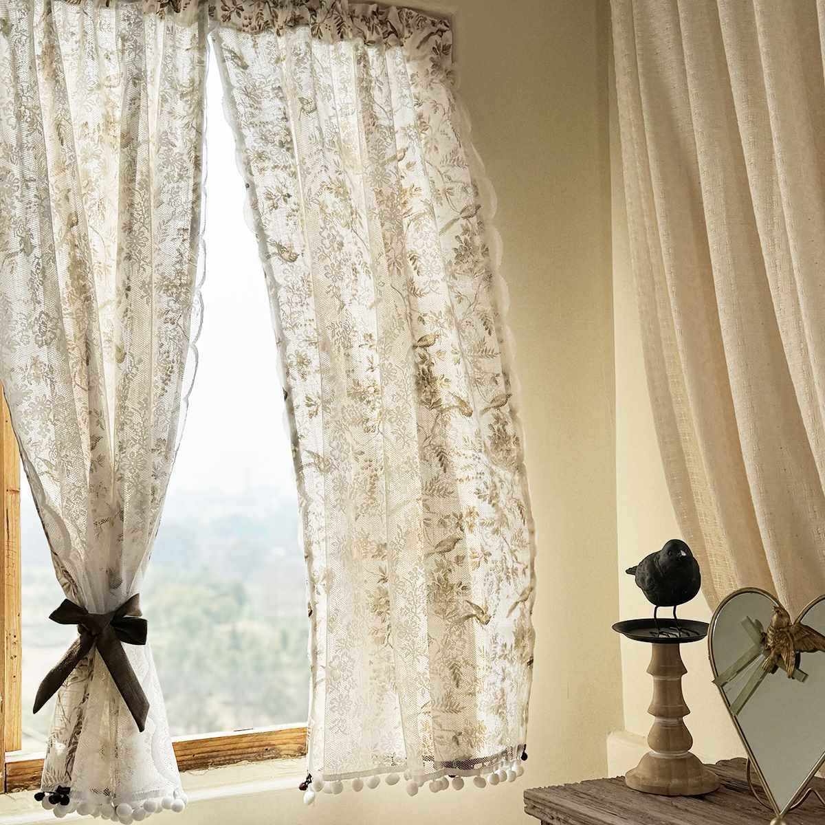 源头美式飞鸟双层门帘遮挡帘棉透气挂钩轨道帘复古免打孔门帘粘贴