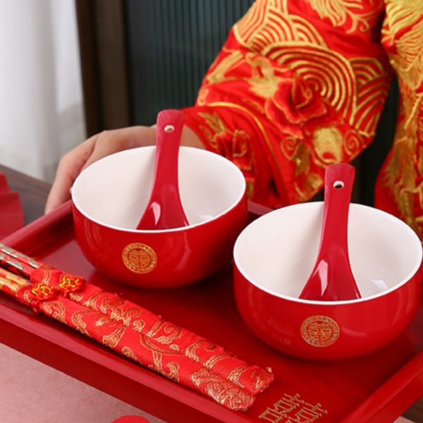 口中式托盘敬茶杯红色陪嫁改一对婚庆用品结婚勺筷子喜碗新娘套装