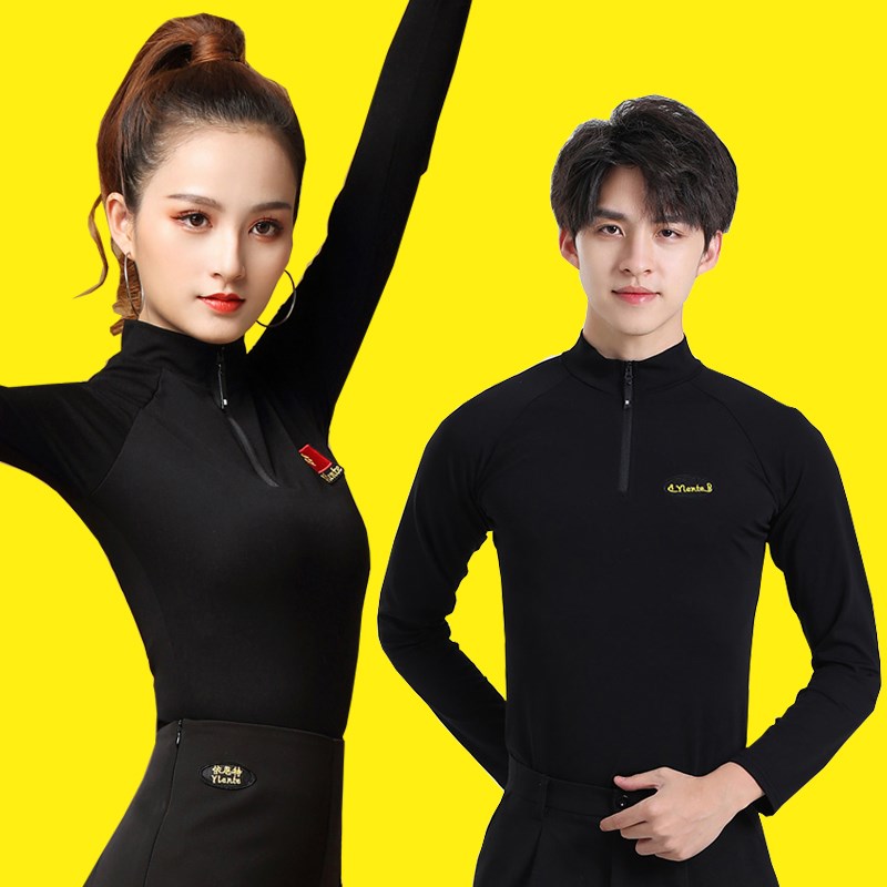 新款拉丁舞上衣男士交谊舞服长袖国旗G标练功服女专业成人跳舞服