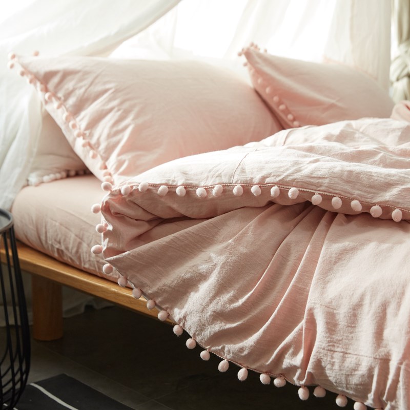 新疆棉花日式水洗棉球球四件套毛球纯棉被套素Q色纯色床笠式三件