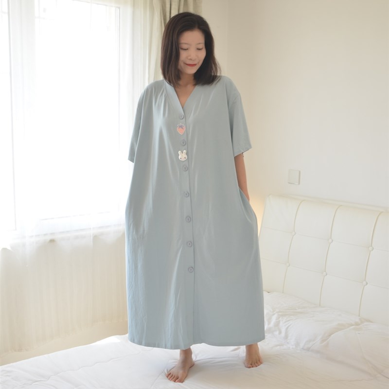 草莓兔兔孕妇睡裙女夏季q短袖长款加肥大码纯棉胖MM开衫睡袍200斤