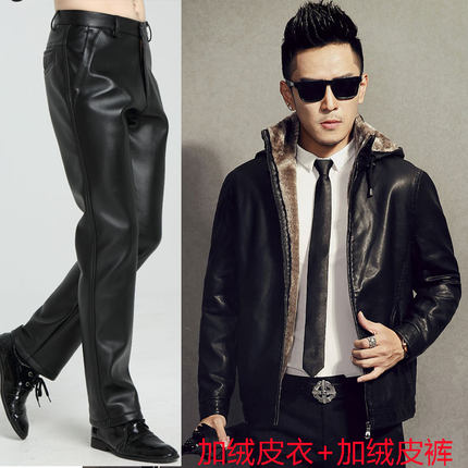 骑行机车服机车皮夹克男士u皮衣皮裤套装男工作加绒加厚一套冬季