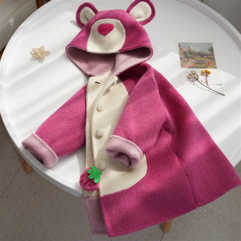 草莓熊双面羊毛大衣儿童可爱卡通连帽毛呢女童中长版玫红色外套厚