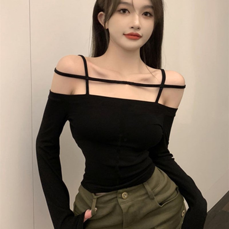 法式一字肩打底衫长袖t恤女设计感别致秋紧身高级感辣妹露肩上衣