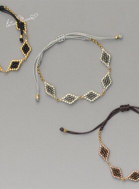 手绣三色方片.金色链条手工编织单圈