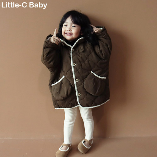 氛围感满级~韩国女宝宝2023秋冬新款夹棉中长版外套连帽保暖棉服