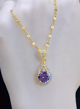 韩国镶嵌紫色水滴锆石吊坠新款潮女轻奢高级冷淡风颈链锁骨链配饰