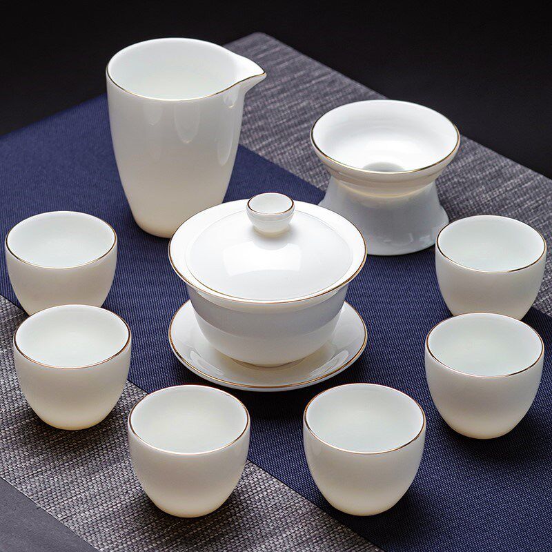 羊脂玉白瓷功夫茶具套装家用办喝茶E茶壶盖碗茶杯陶瓷高档轻奢送