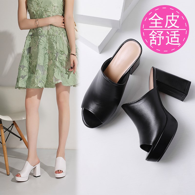 韩版女装真皮高跟凉拖鞋女夏外穿时尚G百搭粗跟网红配裙子黑色白