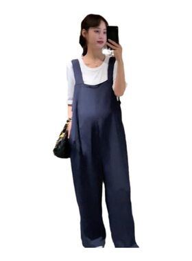 孕妇遮肚减龄背带裤两件套韩版宽松夏季长袖上衣套装气质孕晚期潮