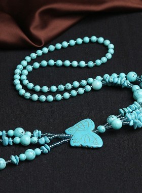 复古绿松石蝴碟项链流苏毛衣链长款民族风配饰衣服挂坠挂件女大气