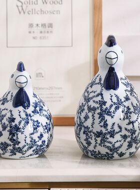 新品青花瓷陶瓷对k鸡摆件客厅饰品陶瓷摆件吉祥鸡中式风可爱对鸡