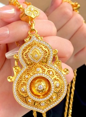 古法莫桑石点钻人生四美葫芦花丝镂空葫芦福禄挂坠项坠金色项链