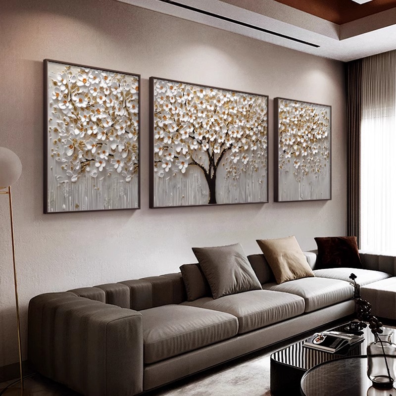 大芬村油画e客厅装饰画轻奢现代沙发背景墙挂画发财树抽象三联壁图片
