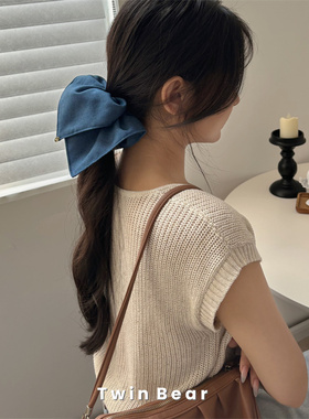 高级感牛仔蓝方形发圈 布艺精致百搭风车大肠圈皮筋马尾发绳女
