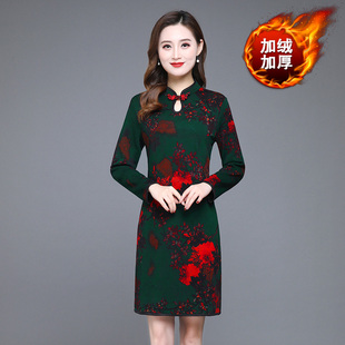 加绒连衣裙中长款妈妈秋冬中老年时尚G复古改良旗袍中年妇女打底
