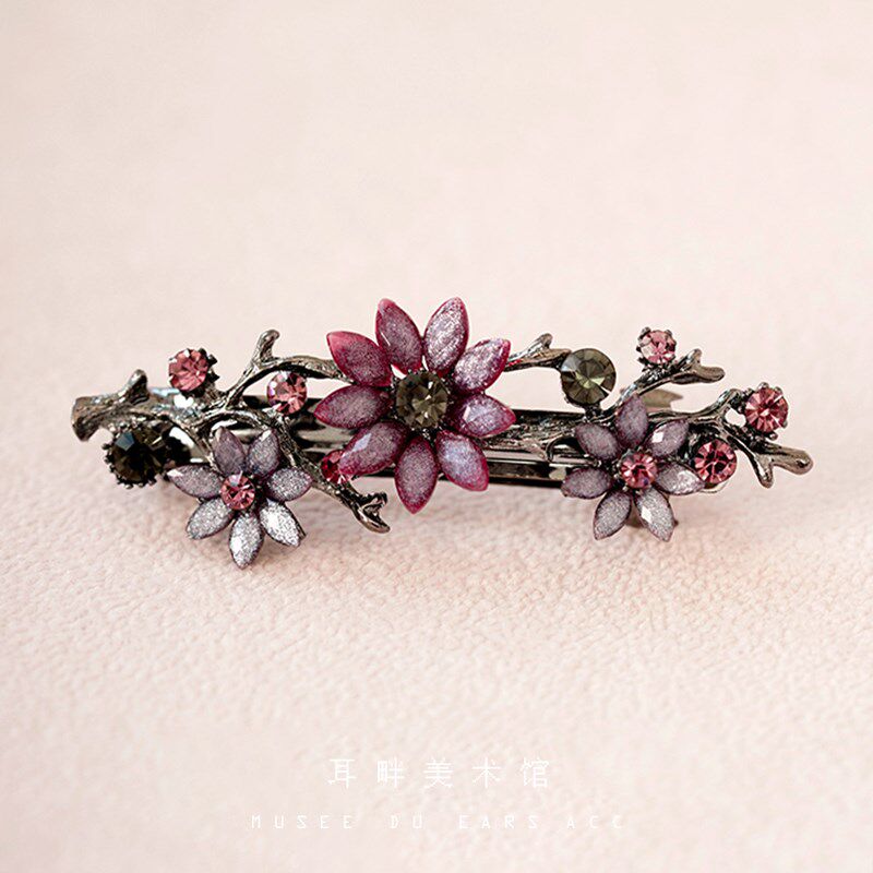 B紫色花满枝头后脑勺一字弹簧夹发夹女款高级感发饰半扎发小号