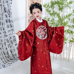 2025新款女童汉服织金明制圆领袍立领补服演出重工绣花送假领公主