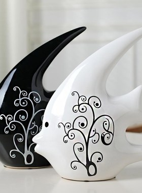 24款时c尚家居装饰 陶瓷工艺摆件 情侣鱼燕子鱼黑白接吻鱼摆设一