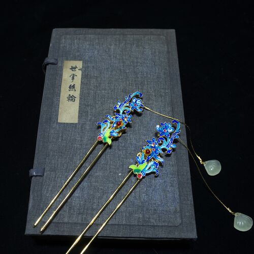 松子落复古发簪烧蓝景泰G蓝珍珠汉服旗袍头饰