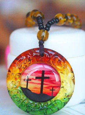 彩色水晶琉璃十字架项链 复古长款简约大气吊坠男女汽车挂件配件