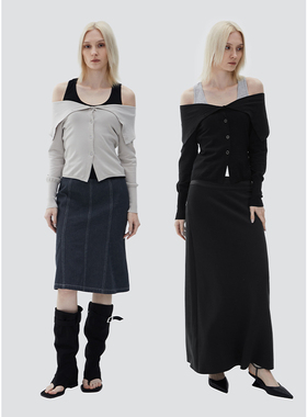 ROLLINGAGE  24春夏新品翻领针织开衫女设计感一字肩长袖打底上衣