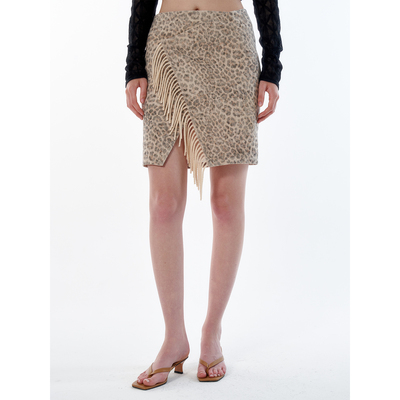 ROLLINGAGE 新款围巾流苏细节中裙豹纹印花显瘦气质半裙