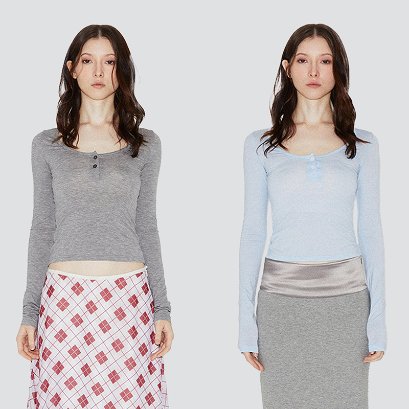 ROLLINGAGE 2025夏季深U领长袖打底衫女舒适透气薄款修身T恤上衣