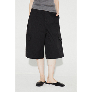 ROLLINGAGE 2025夏季工装口袋中裤女挺括宽松直筒百搭休闲短裤