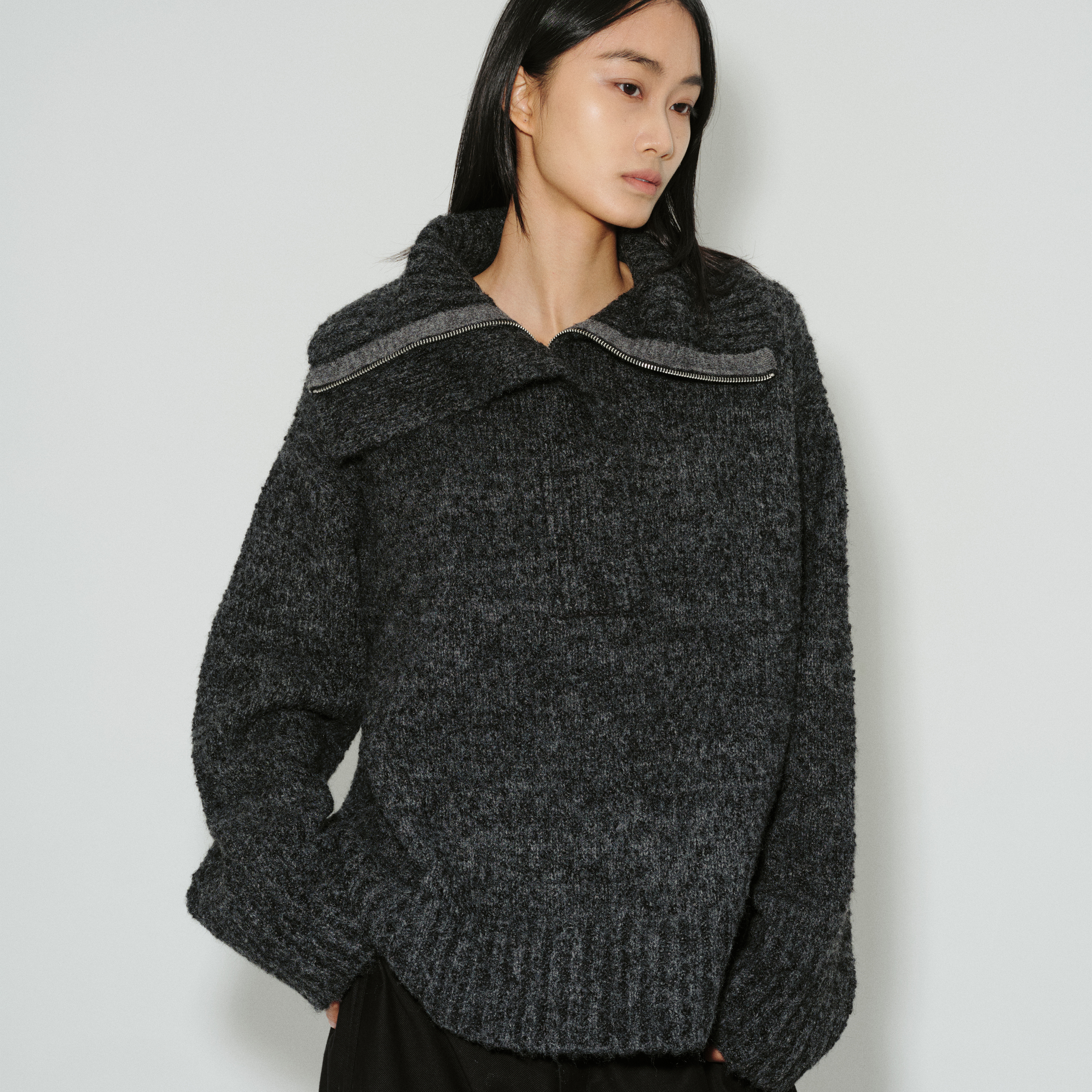 ROLLINGAGE羊毛拉链翻领宽松复古套头毛衣