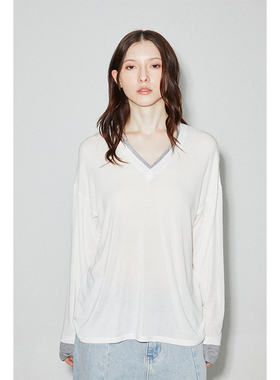 ROLLINGAGE 2025夏季假两件V领长袖打底衫时髦轻薄透气长袖针织衫