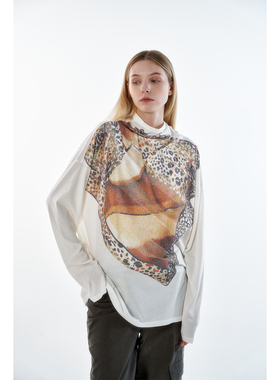 ROLLINGAGE 夏季新款印花堆领长袖防罩衫T恤松弛垂感宽松上衣