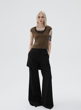 ROLLINGAGE 夏季新品领口细节短袖T恤女时装感修身显瘦打底上衣