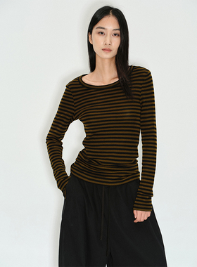 ROLLINGAGE 经典必入/弹力条纹长袖打底衫正肩长袖T恤修身上衣