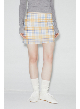 ROLLINGAGE 2025夏季真丝格纹直筒短裙设计感小众高腰褶A字半身裙