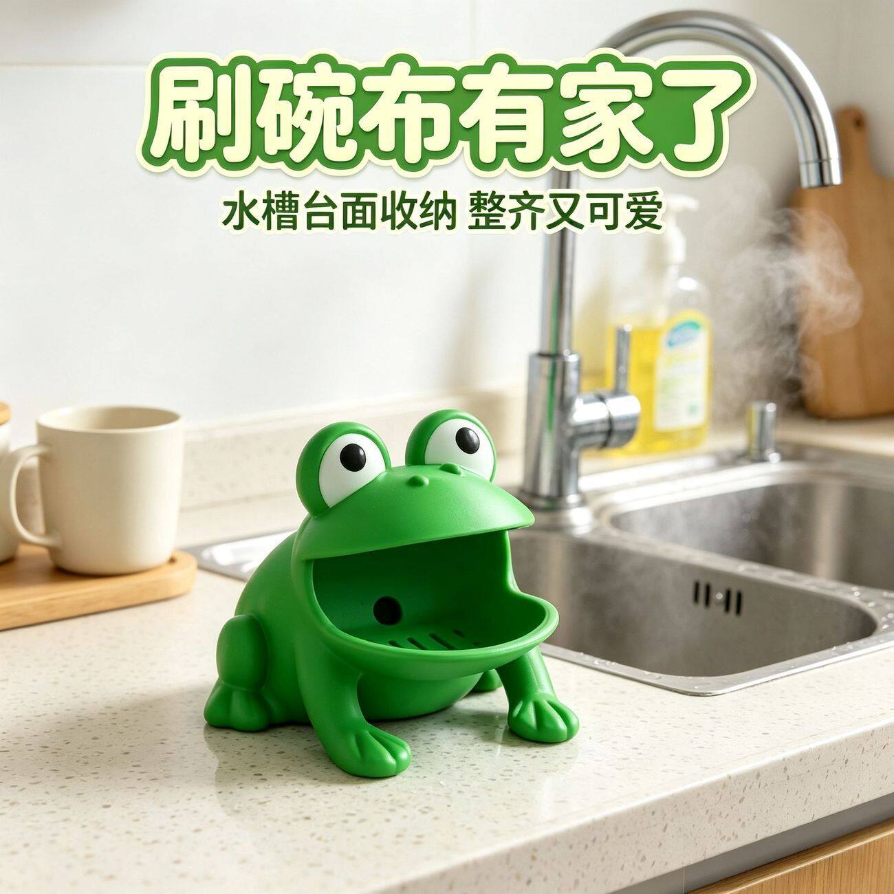 卡通青蛙厨房海绵沥水架抹布洗碗擦双面去污可爱收纳沥水架