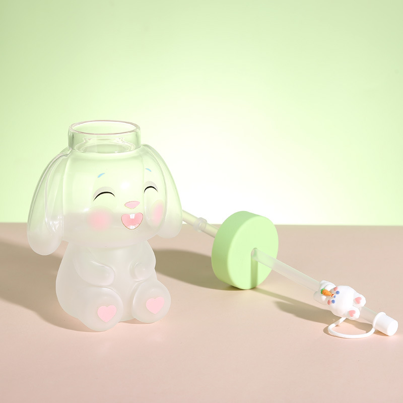 明尚德可爱杯子玻璃吸管杯新年礼物兔子玻璃杯带盖创意水杯女